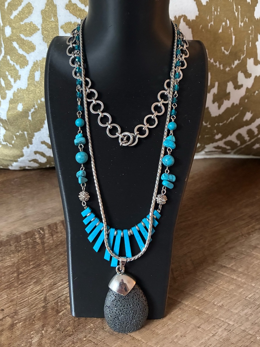 Silver Tone Faux Turquoise And Faux Charcoal Stone Necklaces, 3